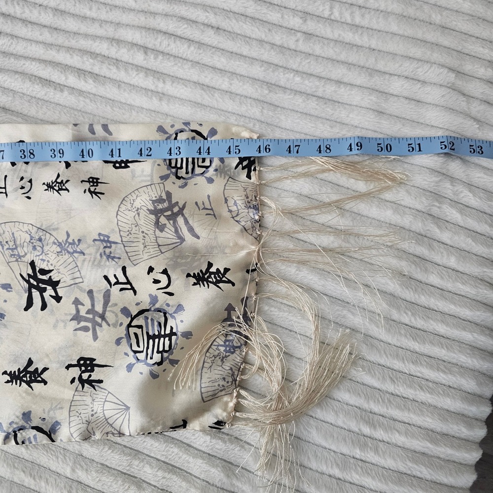 Silk Scarf Unisex Cream Black Calligraphy Fan Print Fringe Wrap Neutral Academia - Picture 4 of 9